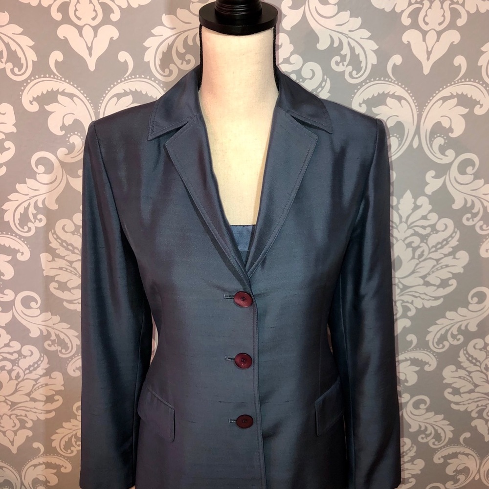 Tahari Silk Smokey Blue 3-Piece Pants Suit